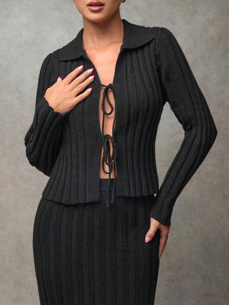 SHEIN BAE 女士休闲系带罗纹针织毛衣开衩毛衣裙套装，秋冬镂空服装感恩节女装商务休闲女装冬装女秋季套装猫女服装冬季女装套装丑女圣诞毛衣套装返校节性感两件套秋冬加厚柔软亲肤毛衣套装适合外出聚会约会逛街开学场合 - 黑色 - 查看 2