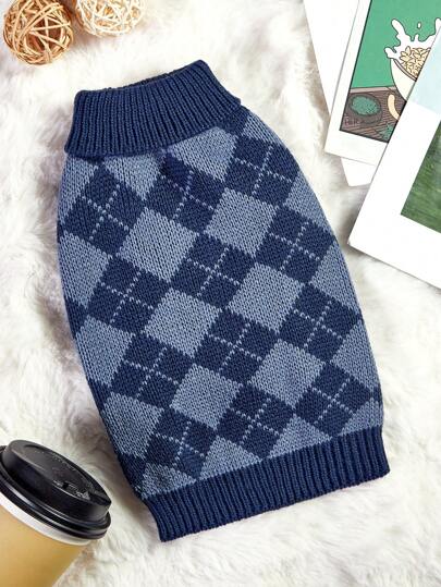 PETSIN 1 件宠物蓝色格子拼色休闲学院风温暖舒适狗毛衣'