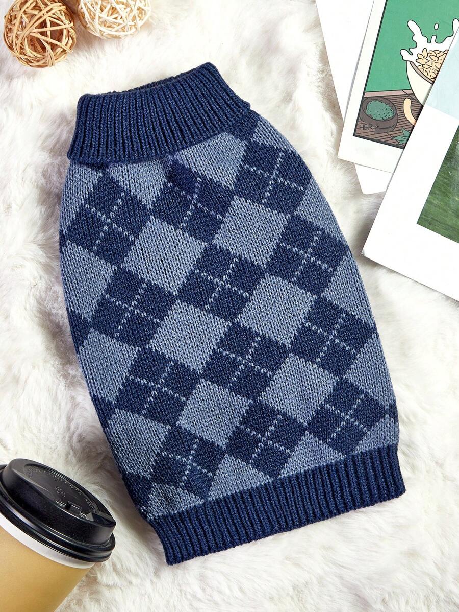 PETSIN 1 件宠物蓝色格子拼色休闲学院风温暖舒适狗毛衣' - 彩色 - 查看 1