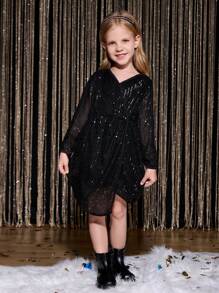Young Girl Sequined V-Neck Waisted Asymmetrical Hem A-Line Short Dress, Black, Fashion Holiday Party Christmas, New Arrival For Fall & Winter - Black - View 3