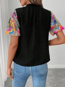 SHEIN LUNE Women's Spring & Summer Shirred Textured Frill Collar Embroidered Puff Sleeve Casual Sports Fashion Resort Shirt - Black - View 2