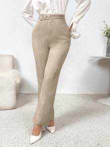 Modelyn 秋冬女士休闲纯色直筒西装裤 - 杏色 - 查看 6