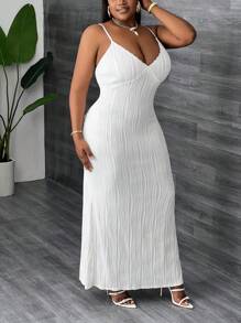 Slaydiva Robe longue moulante blanche à bretelles fines et décolleté plongeant avec dentelle florale, élégante et sexy, pour femme grande taille - Blanc - Voir 4