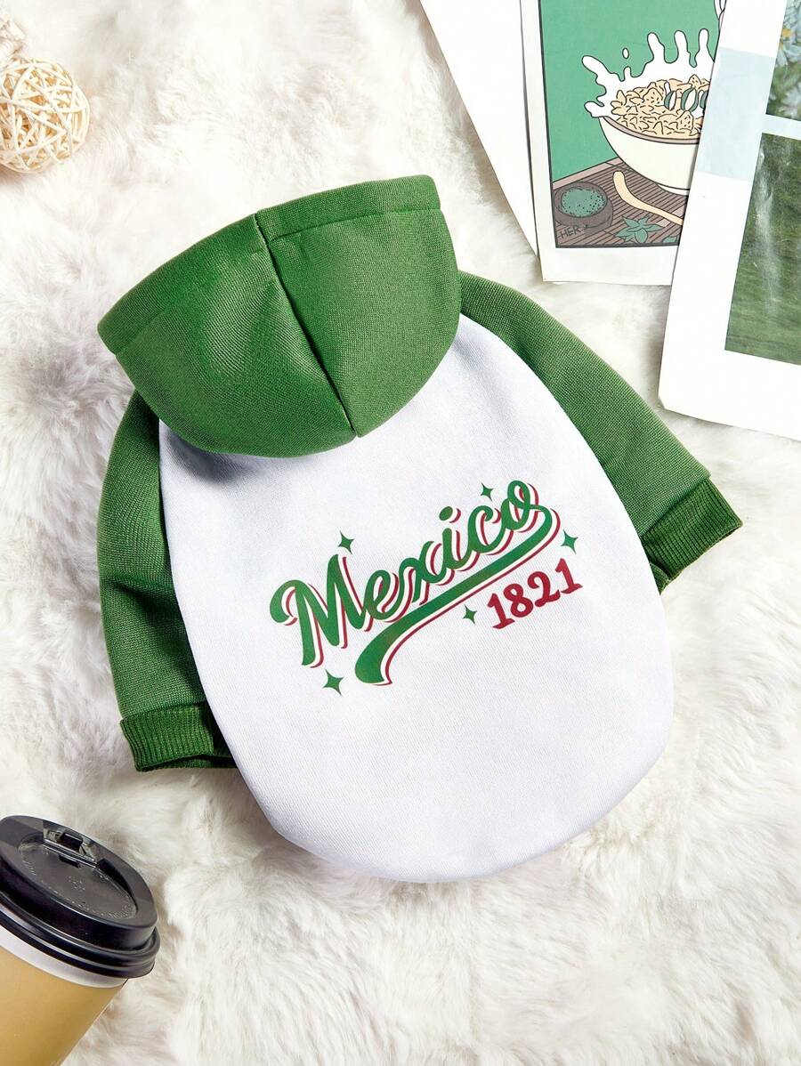 PETSIN 1 pieza Sudadera con capucha de forro polar con bloque de color e impresión de letra vintage para perros - Multicolor - Ver 1