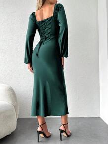 SHEIN Cottnline Lantern Sleeve Square Neck Tie Back Dress - Dark Green - View 5