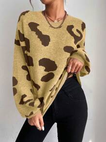 SHEIN Unity 1pc Autumn/Winter Casual Leopard Print Sweater Knit Pullover Fall - Yellow - View 5