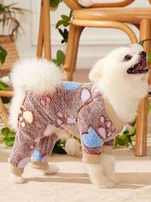 PETSIN 1pc Pet Paw Print Fleece Jumpsuit, Brown - Multicolor - View 1