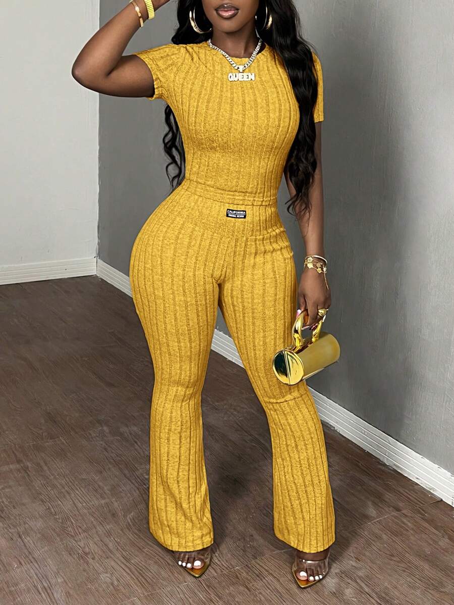 Slaydiva 2 piezas/set Top de manga corta de punto de unicolor y pantalones conjunto casual