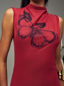 SHEIN Unity Black Butterfly Print Off Shoulder Cinched Waist Dress - Red and Black - View 4