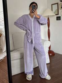 DAZY Minimalist Striped Textured Fleece Lounge Set, Thermal Lined, Fall Winter Clothes, Fluffy Cozy - Purple - View 7