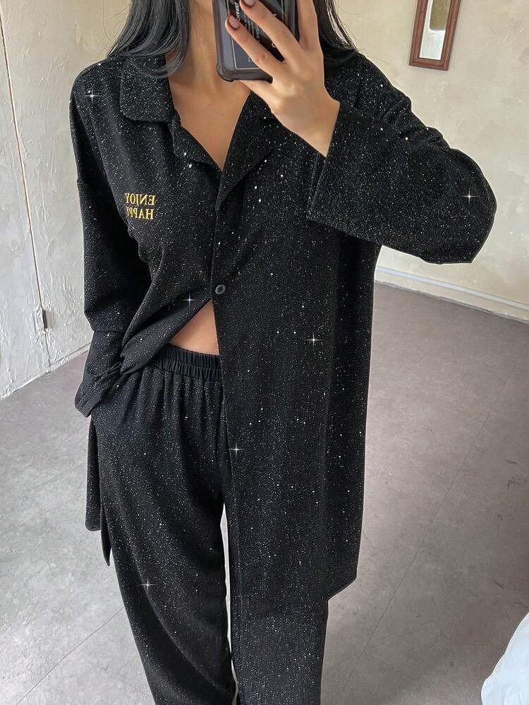 Sequin Letter Print Long Sleeve Pajamas Set