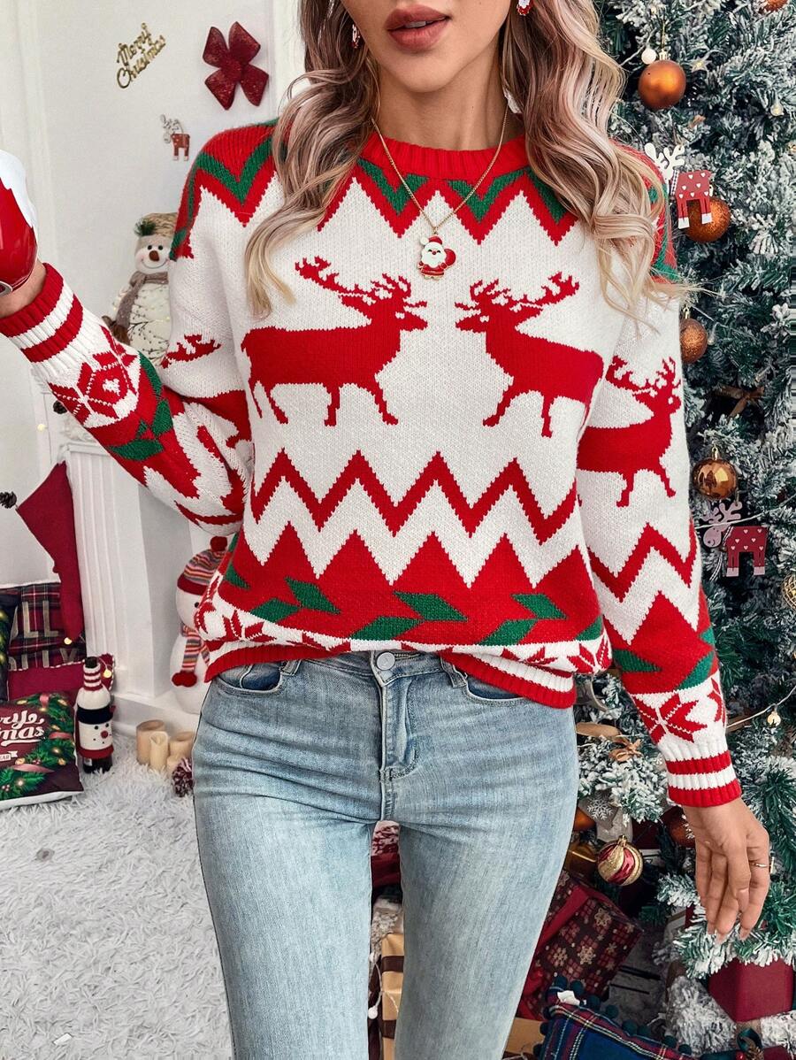 SHEIN LUNE Women's Round Neck Loose Deer Pattern Detail Long Sleeve Casual Sweater, Knit Pullover Fall Winter - Red - View 1