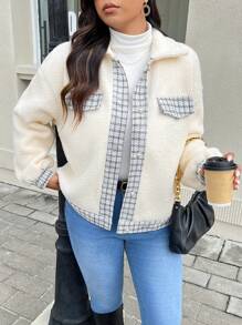 SHEIN Frenchy Chaqueta casual de talla grande de manga larga con botones delanteros, parche de color contrastante y bolsillo falso, para invierno - Albaricoque - Ver 1