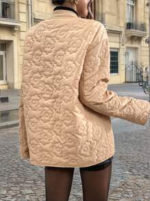 SHEIN Essnce 女款花卉纹理长袖保暖棉服 - 卡其色 - 查看 2