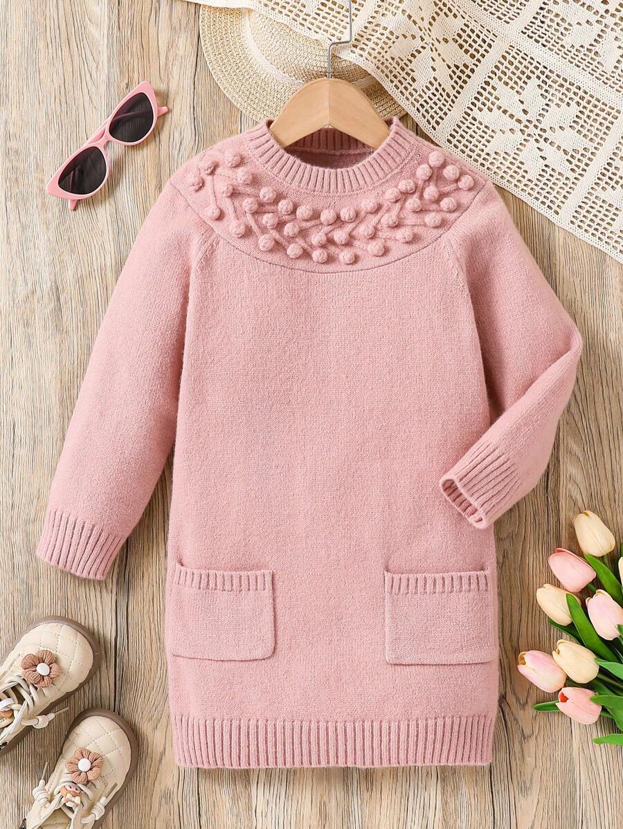 SHEIN Young Girl Cute Casual Fashion Mid-Length Long Sleeve Pocket Handmade Crochet Wave Pattern Dress - Dusty Pink - View 1