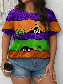 EMERY ROSE Halloween Kostüme versteckter kleiner Monster Spinnen buntes gestreiftes Muster Damen Sommer Rundhals Kurzarm Oversized T-Shirt Pullover Halloween Damen Kostüm