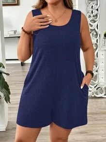 SHEIN LUNE Plus Size Casual Solid Color Daily Round Neck Double Pockets Romper, Summer - Navy Blue - View 3