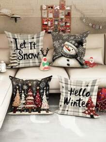 4 件装 18x18 天鹅绒圣诞枕套，雪人和树格子设计，现代拉链抱枕套，适用于客厅沙发、冬季农舍装饰，可机洗涤纶 - 不含枕芯