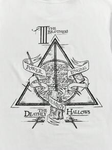 HARRY POTTER X SHEIN 男士休闲修身针织死亡圣器印花白色短袖 T 恤 - 白色 - 查看 4