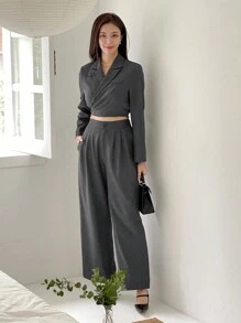 DAZY 2pcs Solid Color Short Blazer And Wide-Leg Pants Women's Suit Set