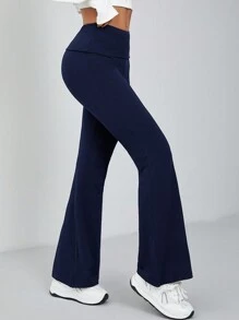 SHEIN PETITE Women Solid Flare Skinny Pants Fold Over Leggings Stretch Bootcut Flared Yoga Pants Y2k Joggers