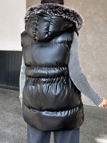 EURMUSE Women's Hooded Fur Collar Drawstring Padded Waistcoat Jacket - Black - View 6