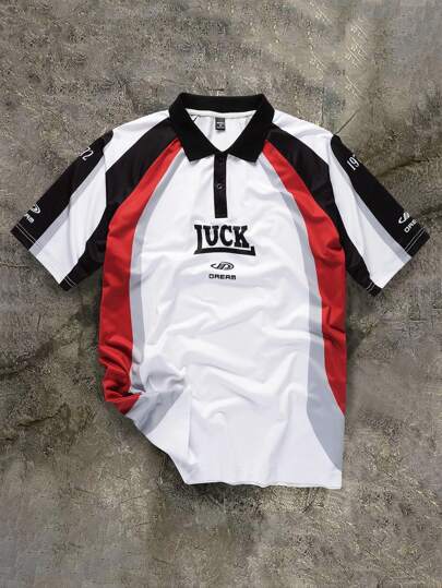  Aesthetic Post--Men Summer Casual Sports Daily Loose Contrast Color Collar Letter Print Raglan Sleeve Color Block Polo Shirt, For Friends, For Going Out