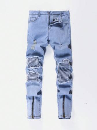 Manfinity Roughcore Plus Size Men's Light Blue Washed Denim Skinny Jeans