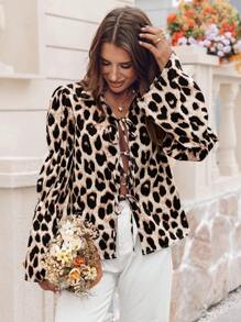 SHEIN VCAY Women's Tie Front Leopard Print Blouse,Beige Elegant Night Out Long Sleeve Puff Sleeve Ruffle Hem Casual Vacation Blouse,Autumn Minimalist Office - Multicolor - View 7