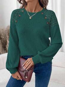 EMERY ROSE Damen lässiges Rundhals Langarm T-Shirt mit Lace Patchwork und strukturierter Waffel-Optik - Grün - Übersicht 6
