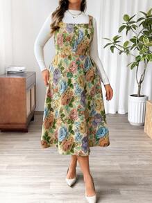 Franclia Plus Size Front Button Floral Print Cinched Waist A-Line Long Casual Dress - Apricot - View 3