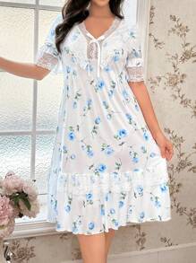 CottageSlumber 节日季大码蓝玫瑰蕾丝拼布短袖睡裙 - 彩色 - 查看 1