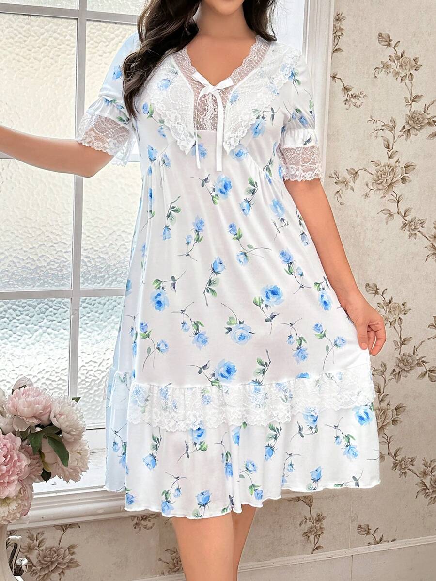 CottageSlumber 节日季大码蓝玫瑰蕾丝拼布短袖睡裙 - 彩色 - 查看 1