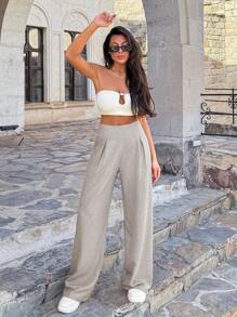 EURMUSE Pantaloni lenți cu pliuri în pliuri, bej, pentru femei