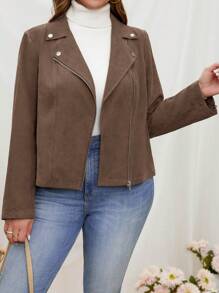 SHEIN LUNE Plus Size Brown Suede Leather Moto Jacket With Metal Button Decor - Brown - View 3