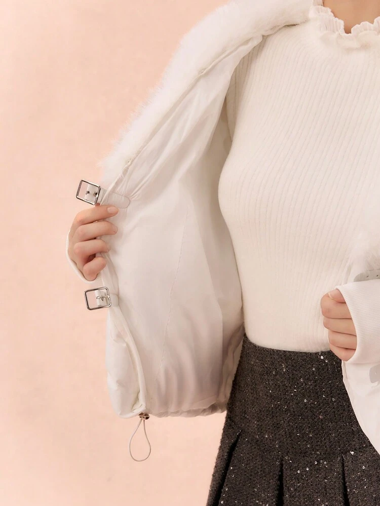 Women's Large Spliced ​​Fur Collar, Leather Buckle Tabs, Threaded Hem, Long Sleeves For Loose And Comfortable Winter, Warm And Thick Coat,Fall Women Clothes,Winter Women Clothes