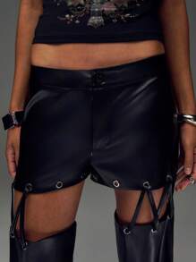 TypaGal Plain Hollow Simple Eyelets Lace-Up Waist Pants