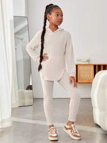 Hanevo 2件套少女罗纹连帽不对称下摆T恤配修身打底裤套装 - 杏色 - 查看 7