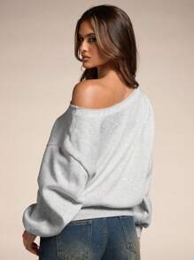 SHEIN BAE Sudadera con cuello asimétrico, bordado con letra, cómoda para uso diario y caminatas al aire libre para mujeres