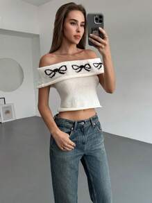 Aloruh 女士蝴蝶结露肩透视针织紧身短款上衣，浪漫约会和度假之选 - 白色 - 查看 6