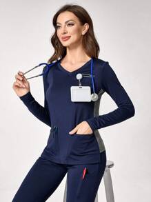 TaskEZ Solid Color V-Neck Long Sleeve Pocket Simple Blouse And Pants Uniform Scrub Set - Navy Blue - View 5