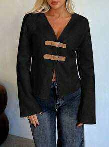 Aloruh Women's Autumn/Winter Knitted Blend Cardigan Coat - Black - View 7