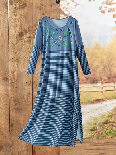 Rusticease 大码女式蓝色条纹和花卉印花长袖休闲连衣裙，冬季女装