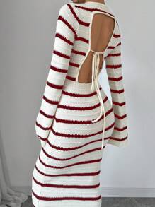SHEIN Unity 1 件女式条纹露背系带喇叭袖毛衣连衣裙 - 紅色 - 查看 6