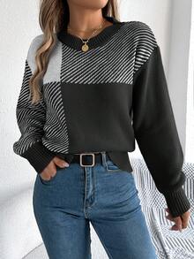 Basic Casual Striped Patchwork Crew Neck Long Sleeve Knit Sweater, Autumn/Winter - Black - View 5