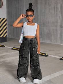 SHEIN Tween Girls' Y2K Fashion Stonewashed Multi-Pocket Distressed Cargo Jeans Baggy Wide Leg Pants, Tween Girl Fall Clothes Back To School Outfits