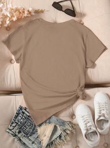 INAWLY 女士字母印花圆领短袖休闲 T 恤图案 T 恤女式上衣 - 摩卡棕 - 查看 2