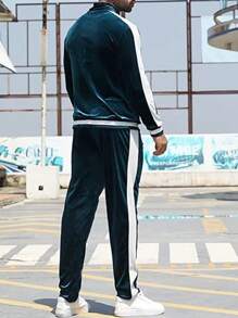 Manfinity Dauomo Chaqueta con cremallera y pantalones a juego de color contrastante, conjunto de chándal casual, primavera otoño para hombre