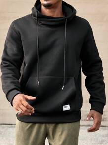 Manfinity Homme 大码男士秋季字母印花长袖抽绳连帽运动衫，带口袋，休闲外出黑色连帽衫，适合朋友、丈夫、男朋友的礼物，男士黑色连帽衫，男士连帽衫，带口袋的黑色连帽衫 - 黑色 - 查看 1