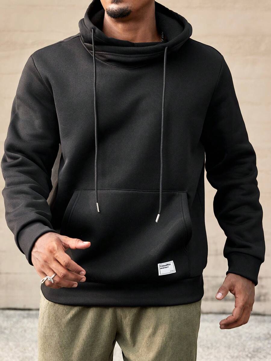 Manfinity Homme 大码男士秋季字母印花长袖抽绳连帽运动衫，带口袋，休闲外出黑色连帽衫，适合朋友、丈夫、男朋友的礼物，男士黑色连帽衫，男士连帽衫，带口袋的黑色连帽衫 - 黑色 - 查看 1
